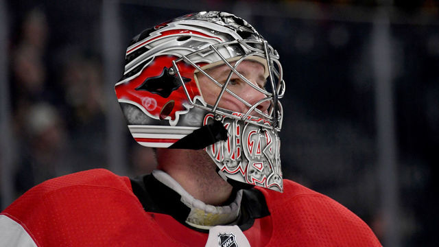LAS VEGAS, NV - DECEMBER 12: Cam Ward #30 of the Carolina Hurricanes stands on the ice during a break in a game against the Vegas Golden Knights at T-Mobile Arena on December 12, 2017 in Las Vegas, Nevada. The Hurricanes won 3-2 in a shootout.