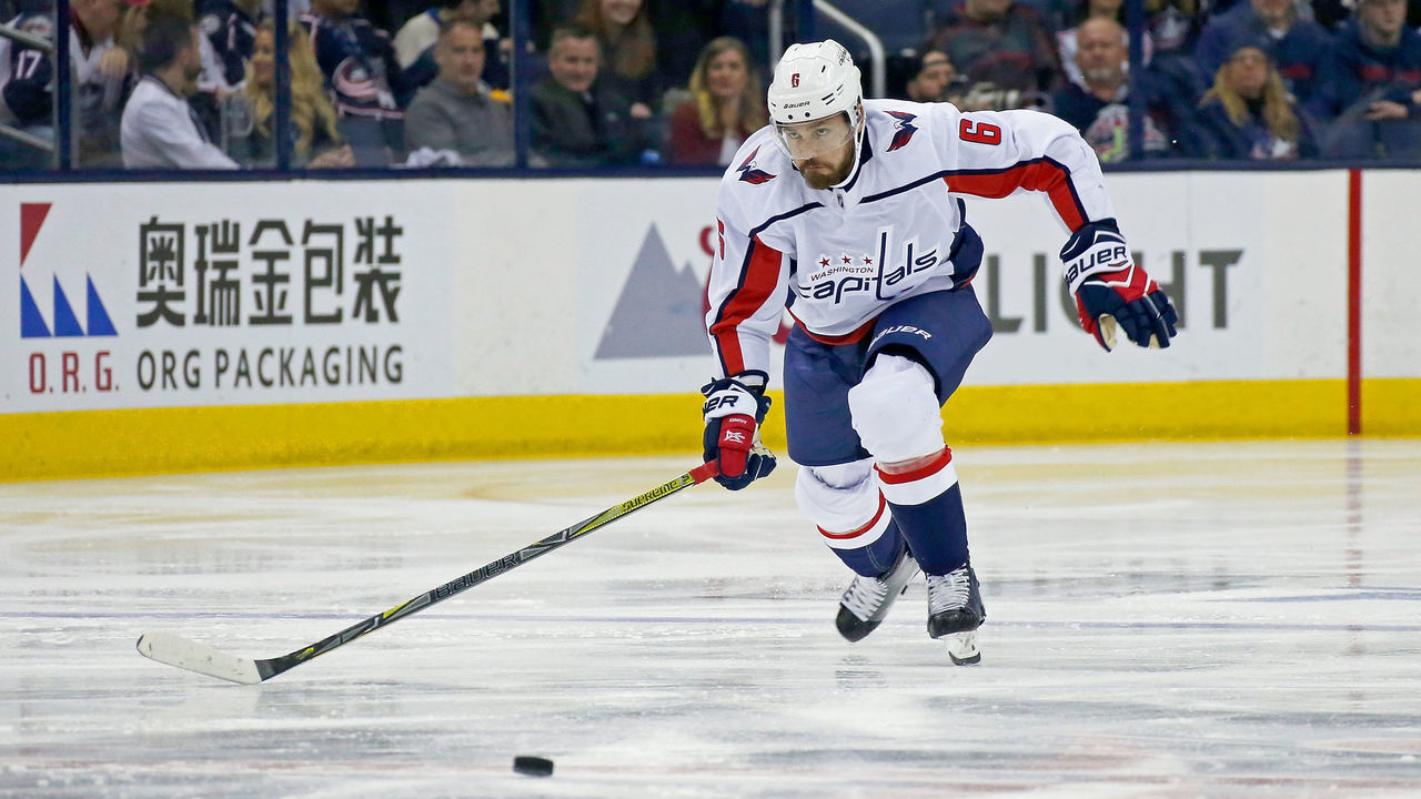 COLUMBUS, OH - APRIL 19: Michal Kempny #6 of the Washington Capitals controls the puck in Game Four of the Eastern Conference First Round during the 2018 NHL Stanley Cup Playoffs against the Columbus Blue Jackets on April 19, 2018 at Nationwide Arena in Columbus, Ohio. *** Local Caption *** Michal Kempny
