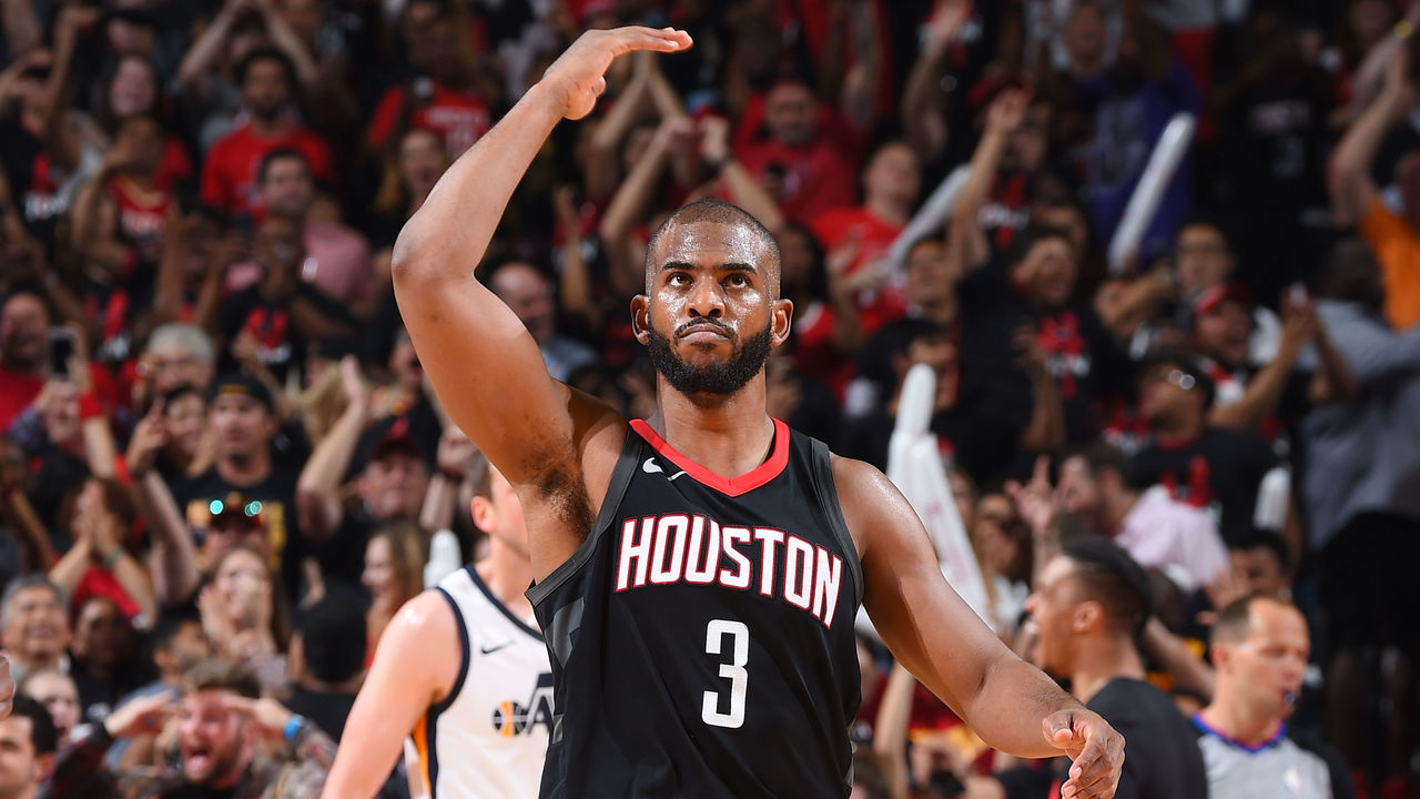 HOUSTON, TX - MAY 8: Chris Paul #3 of the Houston Rockets reacts during the game against the Utah Jazz during Game Five of the Western Conference Semifinals of the 2018 NBA Playoffs on May 8, 2018 at the Toyota Center in Houston, Texas. Mandatory Copyright Notice: Copyright 2018 NBAE