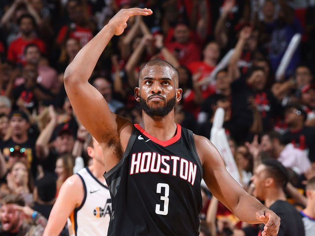 HOUSTON, TX - MAY 8: Chris Paul #3 of the Houston Rockets reacts during the game against the Utah Jazz during Game Five of the Western Conference Semifinals of the 2018 NBA Playoffs on May 8, 2018 at the Toyota Center in Houston, Texas. Mandatory Copyright Notice: Copyright 2018 NBAE