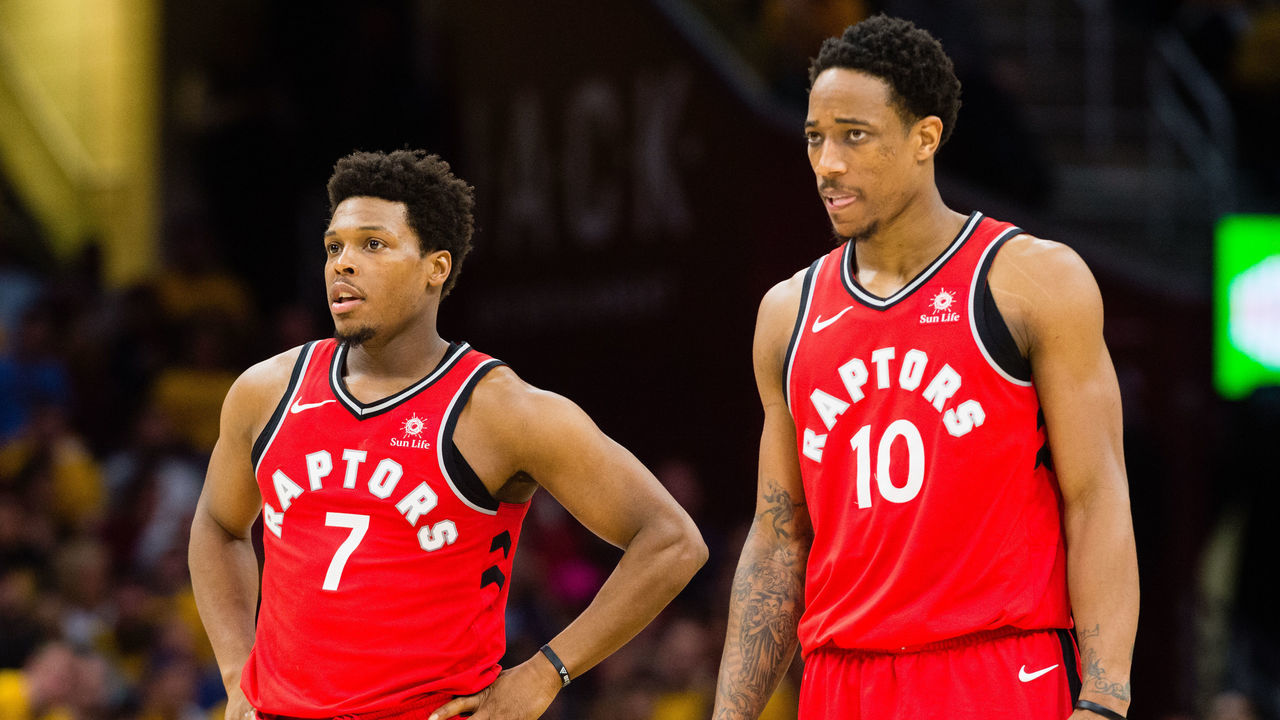 CLEVELAND, OH - MAY 7: Kyle Lowry #7 and DeMar DeRozan #10 of the Toronto Raptors wait for a free-throw during the second half of Game 4 of the second round of the Eastern Conference playoffs against the Cleveland Cavaliers at Quicken Loans Arena on May 7, 2018 in Cleveland, Ohio. The Cavaliers defeated the Raptors 128-93.