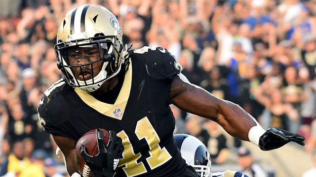 LOS ANGELES, CA - NOVEMBER 26: Alvin Kamara #41 of the New Orleans Saints is chased down by John Johnson #43 of the Los Angeles Rams during the fourth quarter at the Los Angeles Memorial Coliseum on November 26, 2017 in Los Angeles, California.