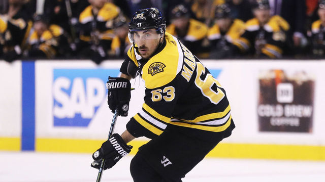 BOSTON, MA - MAY 4: Brad Marchand #63 of the Boston Bruins skates against the Tampa Bay Lightning during the first period of Game Four of the Eastern Conference Second Round during the 2018 NHL Stanley Cup Playoffs at TD Garden on May 4, 2018 in Boston, Massachusetts.