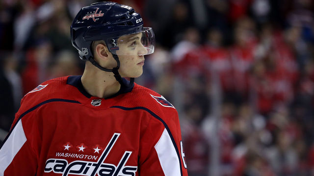 WASHINGTON, DC - JANUARY 9: Andre Burakovsky of the Washington Capitals looks on in the second period against the Vancouver Canucks at Capital One Arena on January 9, 2018 in Washington, DC.