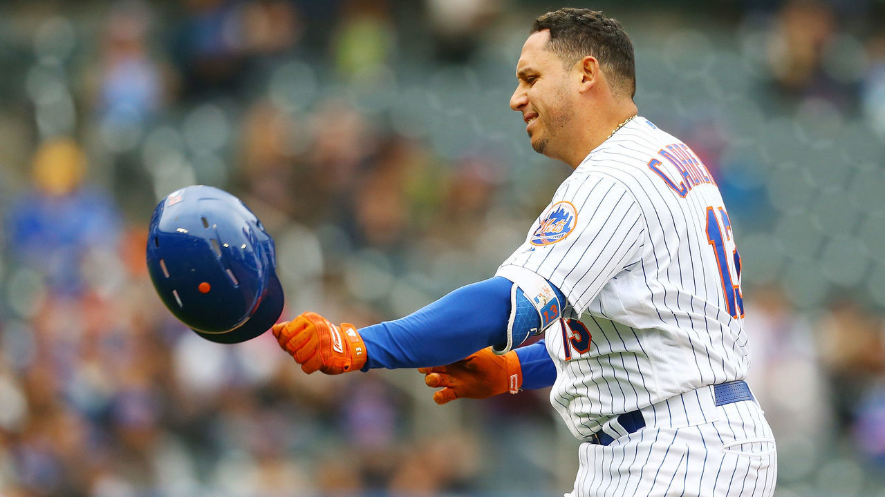 NEW YORK, NY - MAY 06: Asdrubal Cabrera #13 of the New York Mets throws his helmet after flying out to right field in the eighth inning against the Colorado Rockies at Citi Field on May 6, 2018 in the Flushing neighborhood of the Queens borough of New York City.