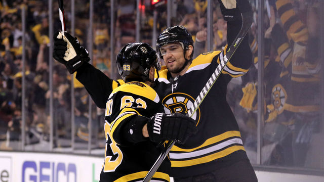 BOSTON, MA - APRIL 14: Rick Nash #61 of the Boston Bruins celebrates with Brad Marchand #63 after scoring a goal against the Toronto Maple Leafs during the first period of Game Two of the Eastern Conference First Round during the 2018 NHL Stanley Cup Playoffs at TD Garden on April 14, 2018 in Boston, Massachusetts.