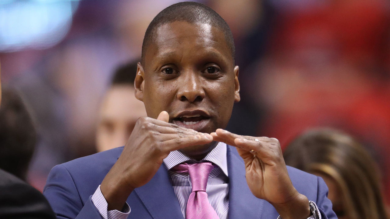 TORONTO, ON - MAY 21: General manager Masai Ujiri of the Toronto Raptors before the start of their game against the Cleveland Cavaliers in Game Three of the Eastern Conference Finals during the 2016 NBA Playoffs at the Air Canada Centre on May 21, 2016 in Toronto, Ontario, Canada.