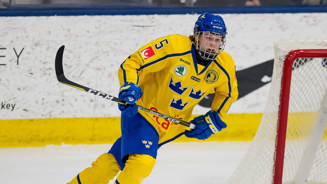 PLYMOUTH, MI - FEBRUARY 15: Adam Boqvist #3 of the Sweden Nationals turns up ice against the Finland Nationals during the 2018 Under-18 Five Nations Tournament game at USA Hockey Arena on February 15, 2018 in Plymouth, Michigan. Finland defeated Sweden 5-3. *** Local Caption *** Adam Boqvist