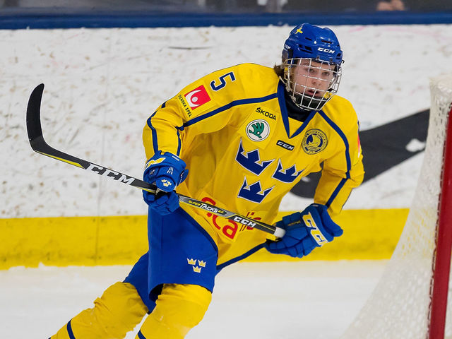 PLYMOUTH, MI - FEBRUARY 15: Adam Boqvist #3 of the Sweden Nationals turns up ice against the Finland Nationals during the 2018 Under-18 Five Nations Tournament game at USA Hockey Arena on February 15, 2018 in Plymouth, Michigan. Finland defeated Sweden 5-3. *** Local Caption *** Adam Boqvist