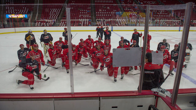 RALEIGH, NC - JUNE 28: Carolina Hurricanes assistant coach Rod Brind'Amour talks with players during the Carolina Hurricanes Development Camp on June 28, 2017 at the PNC Arena in Raleigh, NC.