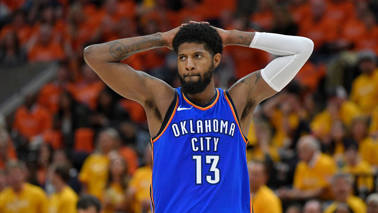 SALT LAKE CITY, UT - APRIL 21: Paul George #13 of the Oklahoma City Thunder reacts to a call in the second half during Game Three of Round One of the 2018 NBA Playoffs against the Utah Jazz at Vivint Smart Home Arena on April 21, 2018 in Salt Lake City, Utah. The Jazz beat the Thunder 115-102.