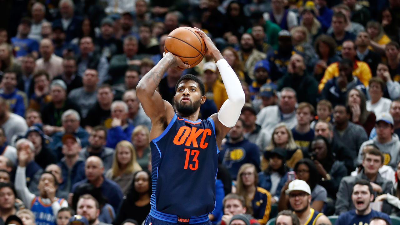INDIANAPOLIS, IN - DECEMBER 13: Paul George #13 of the Oklahoma City Thunder shoots the ball against the Indiana Pacers at Bankers Life Fieldhouse on December 13, 2017 in Indianapolis, Indiana.