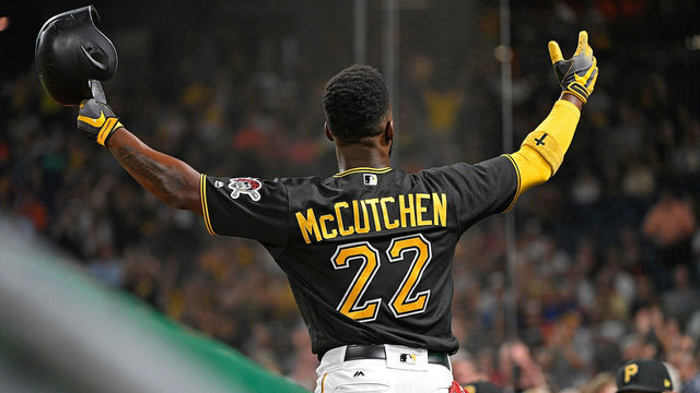 PITTSBURGH, PA - SEPTEMBER 26: Andrew McCutchen #22 of the Pittsburgh Pirates acknowledges the fans with a curtain call after hitting a grand slam home run in the second inning during the game against the Baltimore Orioles at PNC Park on September 26, 2017 in Pittsburgh, Pennsylvania. The grand slam home run was the first of McCutchen's career.