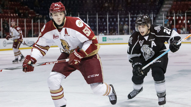 GATINEAU, CANADA - OCTOBER 18: Noah Dobson #53 of the Acadie-Bathurst Titan skates against the Gatineau Olympiques on October 18, 2017 at Robert Guertin Arena in Gatineau, Quebec, Canada.