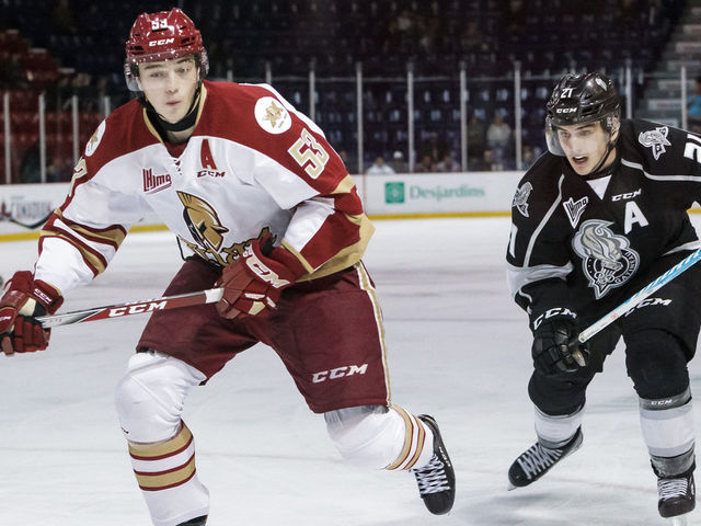 GATINEAU, CANADA - OCTOBER 18: Noah Dobson #53 of the Acadie-Bathurst Titan skates against the Gatineau Olympiques on October 18, 2017 at Robert Guertin Arena in Gatineau, Quebec, Canada.