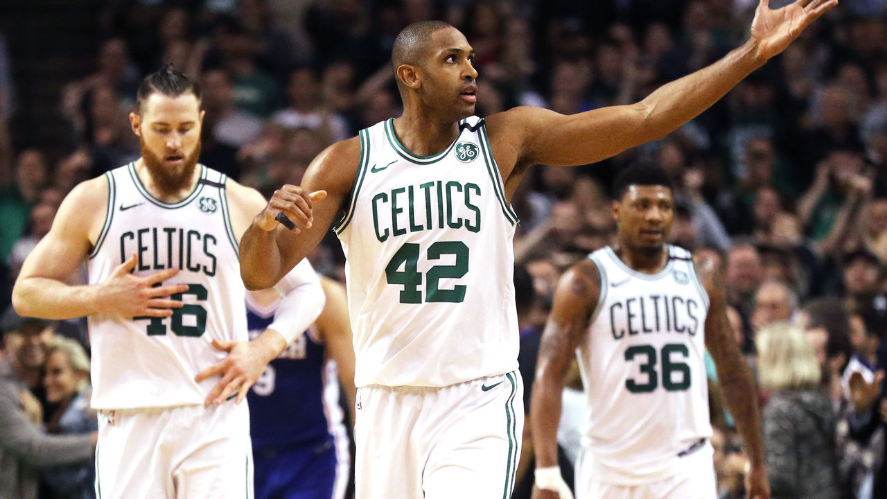BOSTON, MA - MAY 9: Al Horford #42 of the Boston Celtics signals to fans during Game Five of the Eastern Conference Second Round of the 2018 NBA Playoffs against the Philadelphia 76ers at TD Garden on May 9, 2018 in Boston, Massachusetts.