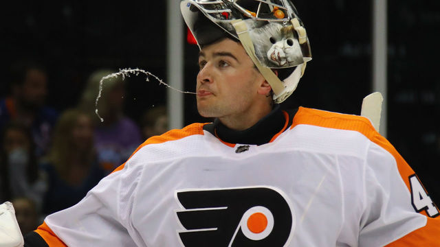 UNIONDALE, NY - SEPTEMBER 17: Alex Lyon #49 of the Philadelphia Flyers skates against the New York Islanders during a preseason game at the Nassau Veterans Memorial Coliseum on September 17, 2017 in Uniondale, New York. The Islanders defeated the Flyers 3-2 in overtime.