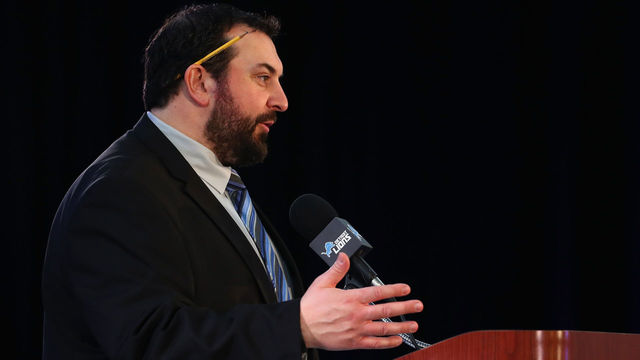 ALLEN PARK, MI - FEBRUARY 07: Matt Patricia speaks at a press conference after being hired as the head coach of the Detroit Lions at the Detroit Lions Practice Facility on February 7, 2018 in Allen Park, Michigan.