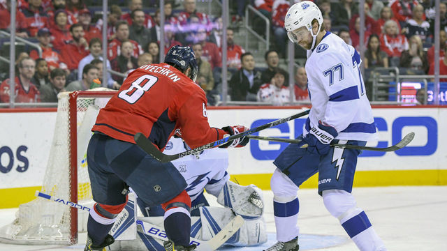 WASHINGTON, DC - FEBRUARY 20: Tampa Bay Lightning defenseman Victor Hedman (77) blocks a shot by Washington Capitals left wing Alex Ovechkin (8) in the first period on February 20, 2018, at the Capital One Arena in Washington, D.C. The Tampa Bay Lightning defeated the Washington Capitals, 4-2.