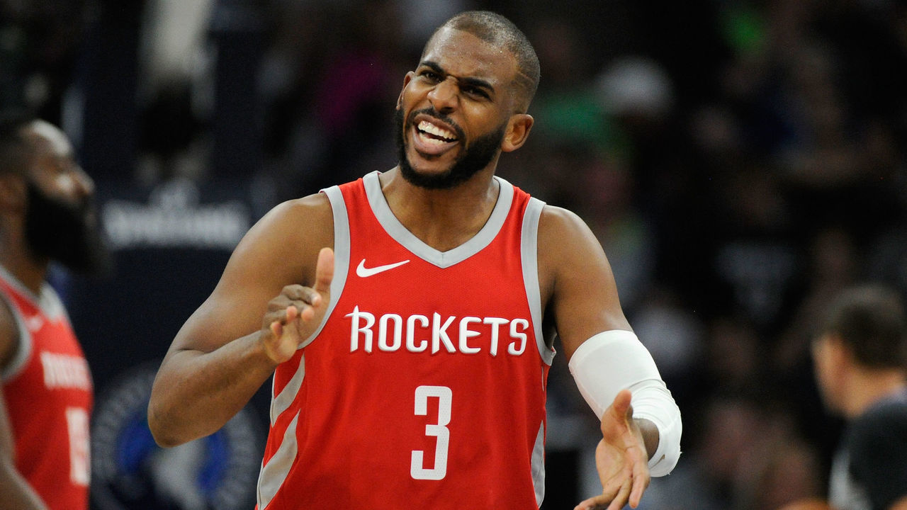 MINNEAPOLIS, MN - APRIL 23: Chris Paul #3 of the Houston Rockets celebrates during the third quarter of Game Four of Round One of the 2018 NBA Playoffs against the Minnesota Timberwolves on April 23, 2018 at the Target Center in Minneapolis, Minnesota. The Rockets defeated the Timberwolves 119-100.