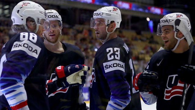 HERNING, DENMARK - MAY 10: Alec Martinez #23 of United States celebrate the 2nd goal with his team mates during the 2018 IIHF Ice Hockey World Championship Group B game between United States and Latvia at Jyske Bank Boxen on May 10, 2018 in Herning, Denmark.