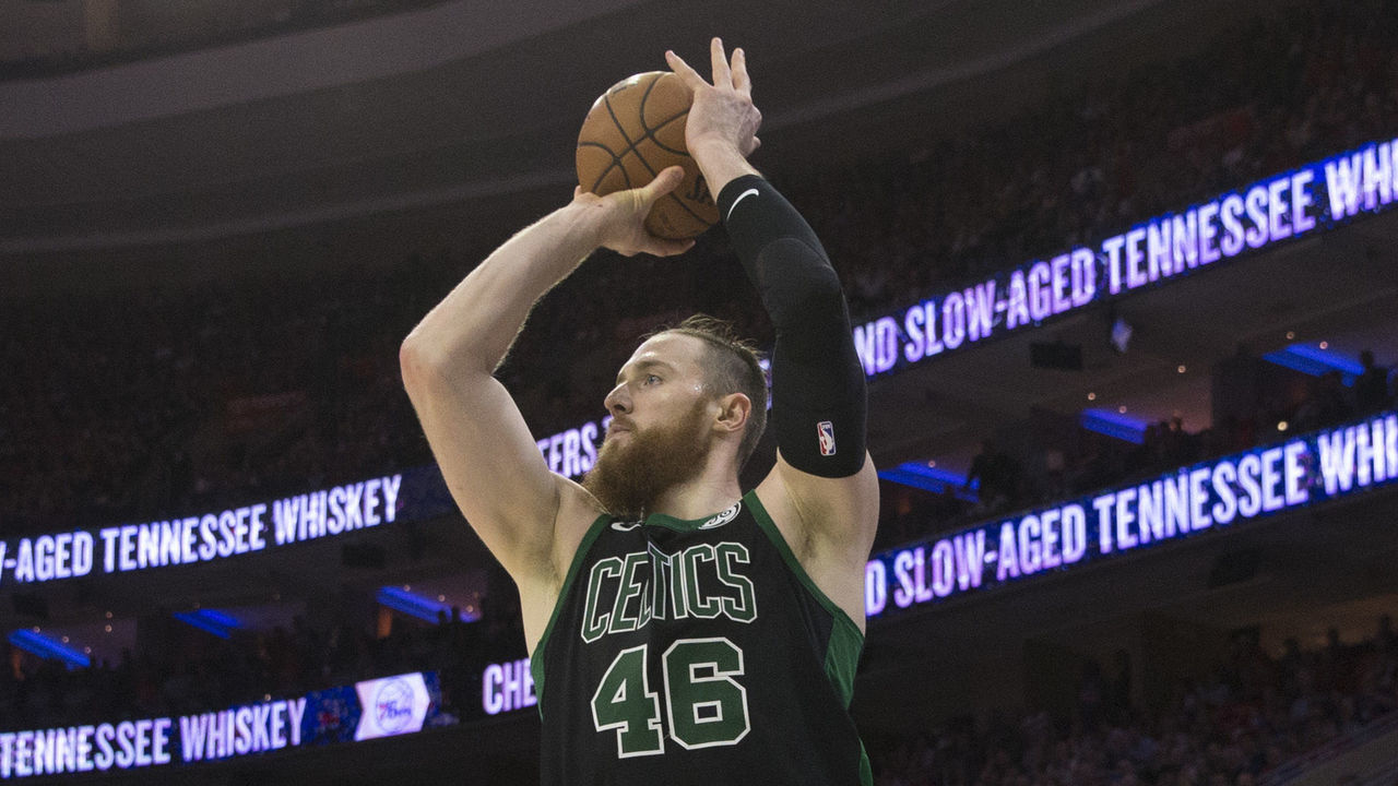 PHILADELPHIA, PA - MAY 7: Aron Baynes #46 of the Boston Celtics shoots the ball against the Philadelphia 76ers during Game Four of the Eastern Conference Second Round of the 2018 NBA Playoff at Wells Fargo Center on May 7, 2018 in Philadelphia, Pennsylvania.