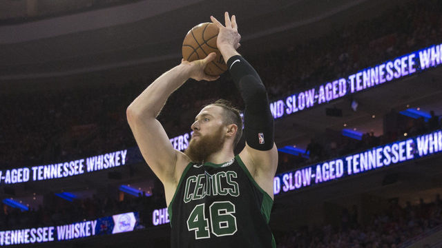 PHILADELPHIA, PA - MAY 7: Aron Baynes #46 of the Boston Celtics shoots the ball against the Philadelphia 76ers during Game Four of the Eastern Conference Second Round of the 2018 NBA Playoff at Wells Fargo Center on May 7, 2018 in Philadelphia, Pennsylvania.