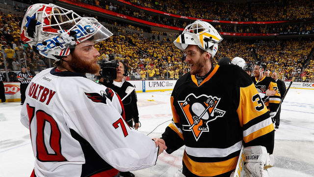 PITTSBURGH, PA - MAY 10: Matt Murray #30 of the Pittsburgh Penguins shakes hands with Braden Holtby #70 of the Washington Capitals after clinching the series in Game Six of the Eastern Conference Second Round during the 2016 NHL Stanley Cup Playoffs at Consol Energy Center on May 10, 2016 in Pittsburgh, Pennsylvania.