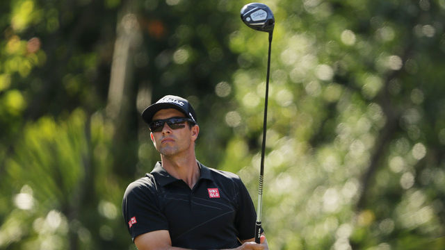 PONTE VEDRA BEACH, FL - MAY 10: Adam Scott of Australia plays his shot from the 15th tee during the first round of THE PLAYERS Championship on the Stadium Course at TPC Sawgrass on May 10, 2018 in Ponte Vedra Beach, Florida.