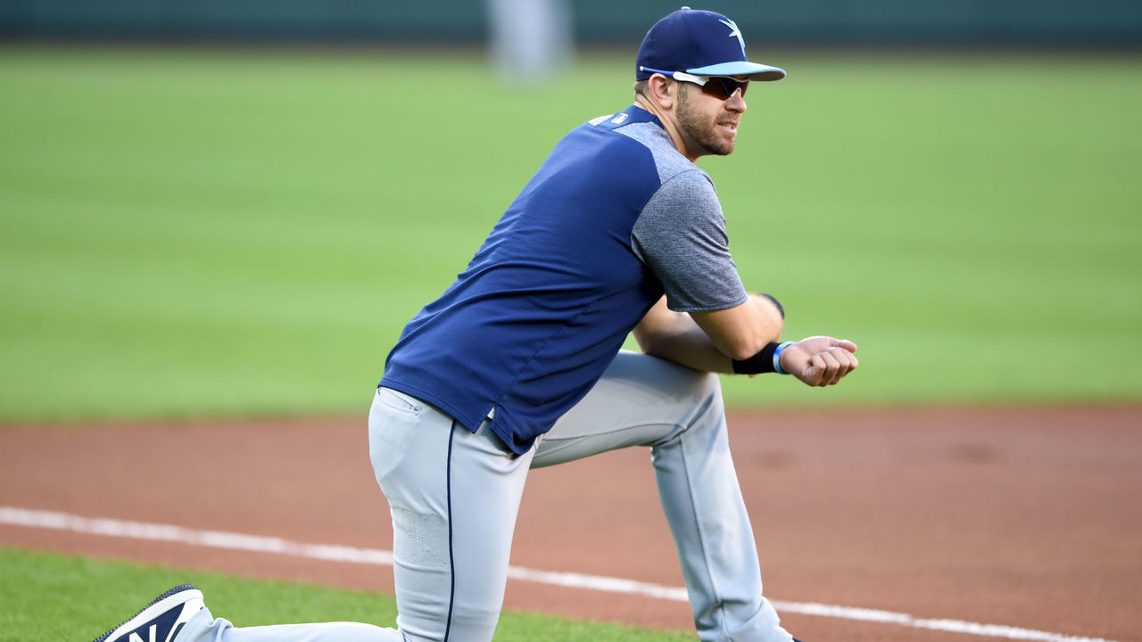 BALTIMORE, MD - SEPTEMBER 23: Evan Longoria #3 of the Tampa Bay Rays looks on during batting practice of a baseball game against the Baltimore Orioles at Oriole Park at Camden Yards on September 23, 2017 in Baltimore, Maryland.