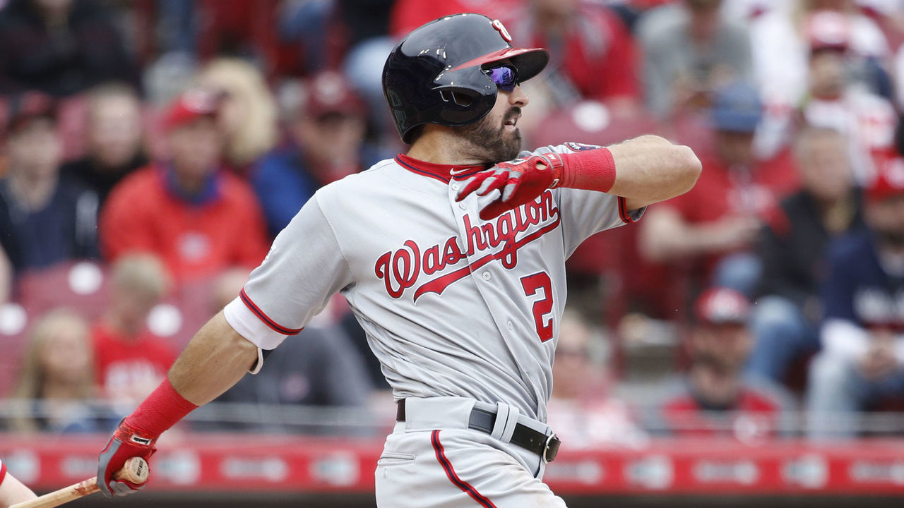 CINCINNATI, OH - MARCH 31: Adam Eaton #2 of the Washington Nationals hits a single to drive in two runs in the eighth inning of the game against the Cincinnati Reds at Great American Ball Park on March 31, 2018 in Cincinnati, Ohio. The Nationals won 13-7.