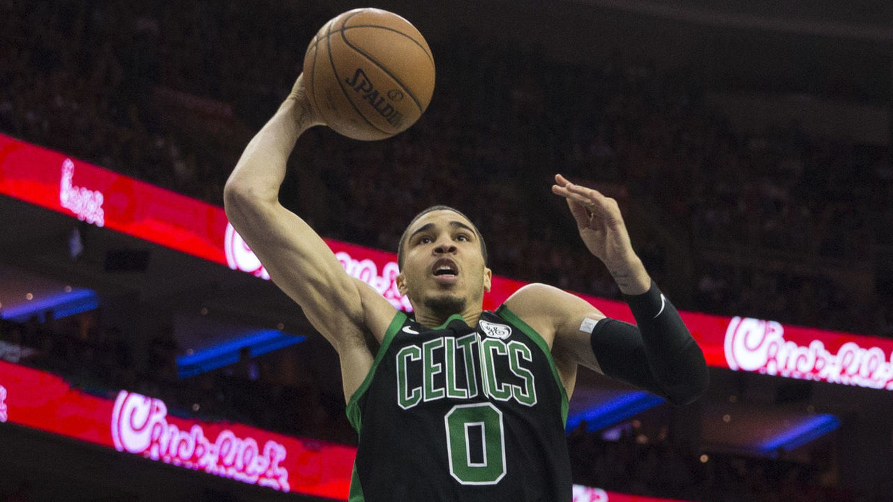 PHILADELPHIA, PA - MAY 7: Jayson Tatum #0 of the Boston Celtics goes up for a shot against the Philadelphia 76ers during Game Four of the Eastern Conference Second Round of the 2018 NBA Playoff at Wells Fargo Center on May 7, 2018 in Philadelphia, Pennsylvania.