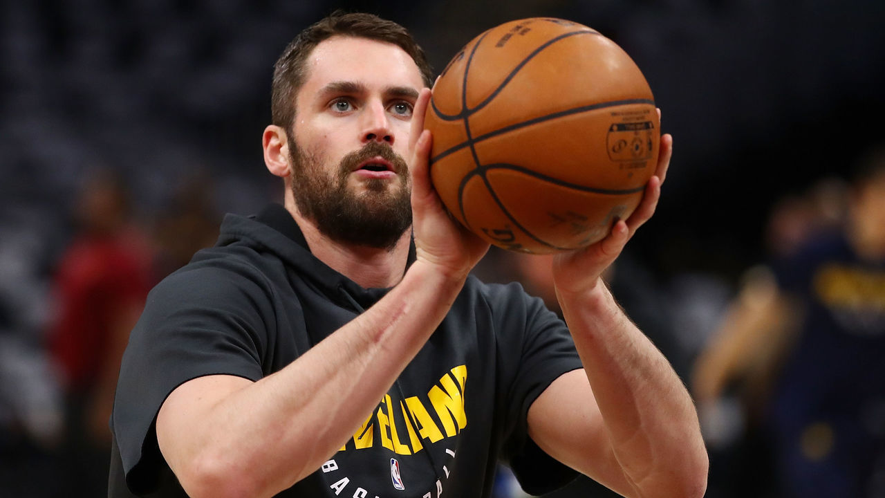 CLEVELAND, OH - APRIL 15: Kevin Love #0 of the Cleveland Cavaliers warms up prior to playing the Indiana Pacers in Game One of the Eastern Conference Quarterfinals during the 2018 NBA Playoffs at Quicken Loans Arena on April 15, 2018 in Cleveland, Ohio.