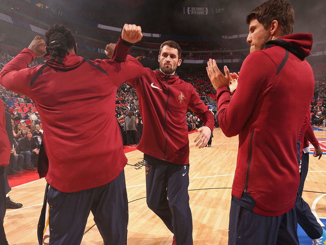 DETROIT, MI - JANUARY 30: Jae Crowder #99 and Kevin Love #0 of the Cleveland Cavaliers exchange a handshake prior to the game against the Detroit Pistons on January 30, 2018 at Little Caesars Arena in Detroit, Michigan. NOTE TO USER: User expressly acknowledges and agrees that, by downloading and/or using this photograph, User is consenting to the terms and conditions of the Getty Images License Agreement. Mandatory Copyright Notice: Copyright 2018 NBAE