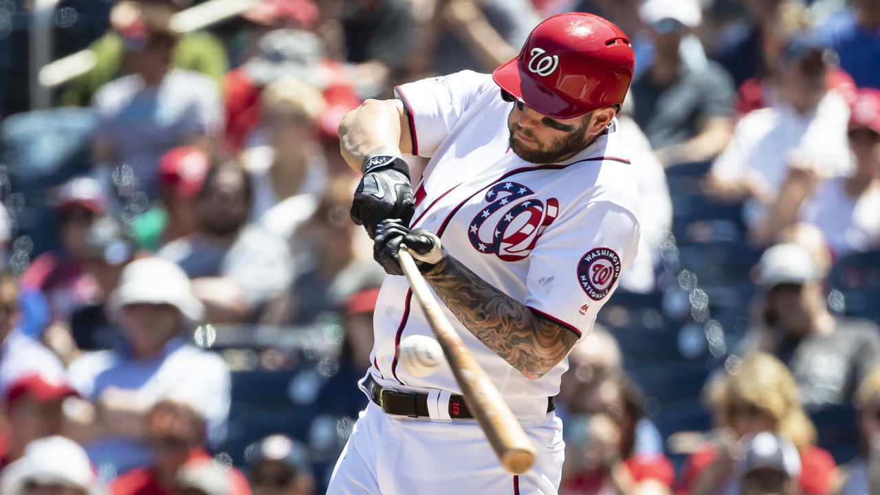 WASHINGTON, DC - MAY 03: Matt Adams #15 of the Washington Nationals at bat against the Pittsburgh Pirates during the first inning at Nationals Park on May 3, 2018 in Washington, DC.
