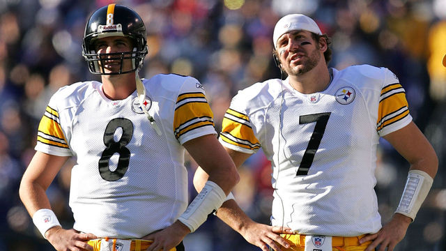 BALTIMORE - NOVEMBER 20: Quarterbacks Tommy Maddox #8 and Ben Roethlisberger #7 of the Pittsburgh Steelers watch the jumbotron during a Baltimore Ravens challenge during the first half of the game on November 20, 2005 at M&T Bank Stadium in Baltimore, Maryland.