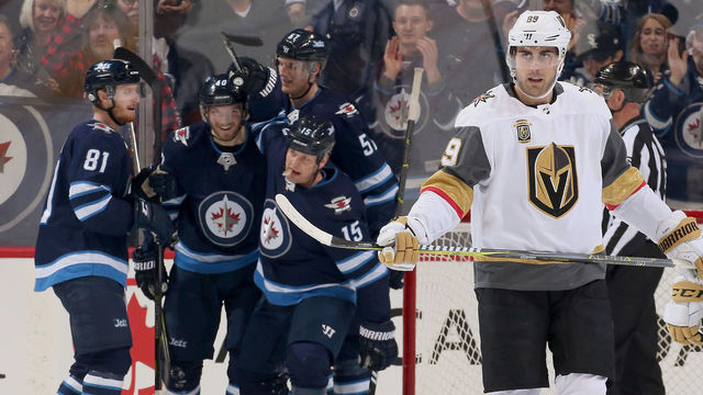 WINNIPEG, MB - FEBRUARY 1: Joel Armia #40 of the Winnipeg Jets celebrates his first period goal against the Vegas Golden Knights with teammates Kyle Connor #81, Matt Hendricks #15 and Tyler Myers #57 at the Bell MTS Place on February 1, 2018 in Winnipeg, Manitoba, Canada.