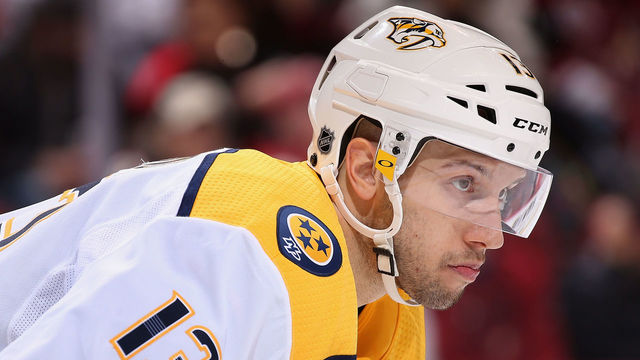 GLENDALE, AZ - JANUARY 04: Nick Bonino #13 of the Nashville Predators during the third period of the NHL game against the Arizona Coyotes at Gila River Arena on January 4, 2018 in Glendale, Arizona. The Coyotes defeated the Predators 3-2 in overtime.