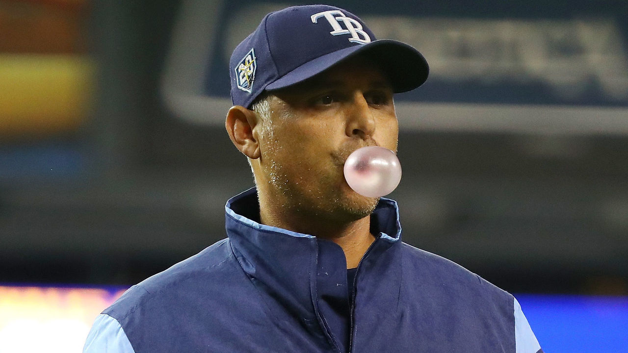 DETROIT, MI - APRIL 30: Manager Kevin Cash of the Tampa Bay Rays returns for the dugout after a pitching change while playing the Detroit Tigers at Comerica Park on April 30, 2018 in Detroit, Michigan.