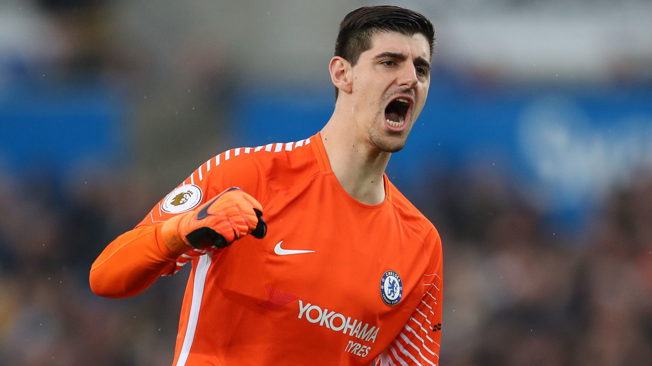 SWANSEA, WALES - APRIL 28: Thibaut Courtois of Chelsea celebrates after his sides first goal during the Premier League match between Swansea City and Chelsea at Liberty Stadium on April 28, 2018 in Swansea, Wales.