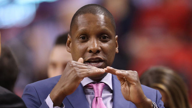 TORONTO, ON - MAY 21: General manager Masai Ujiri of the Toronto Raptors before the start of their game against the Cleveland Cavaliers in Game Three of the Eastern Conference Finals during the 2016 NBA Playoffs at the Air Canada Centre on May 21, 2016 in Toronto, Ontario, Canada.