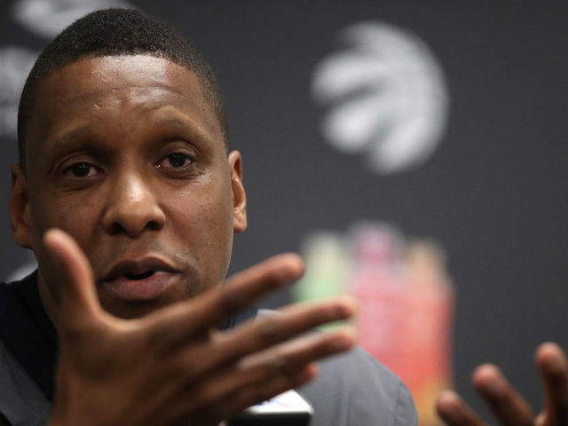 TORONTO, ON- MAY 9 - Masai Ujiri, Raptors president takes questions as the Toronto Raptors hold media availability after being eliminated by the Cleveland Cavaliers in four games at the Biosteel Centre on the CNE Grounds in Toronto. May 9, 2018. (Steve Russell/Toronto Star via Getty Images)