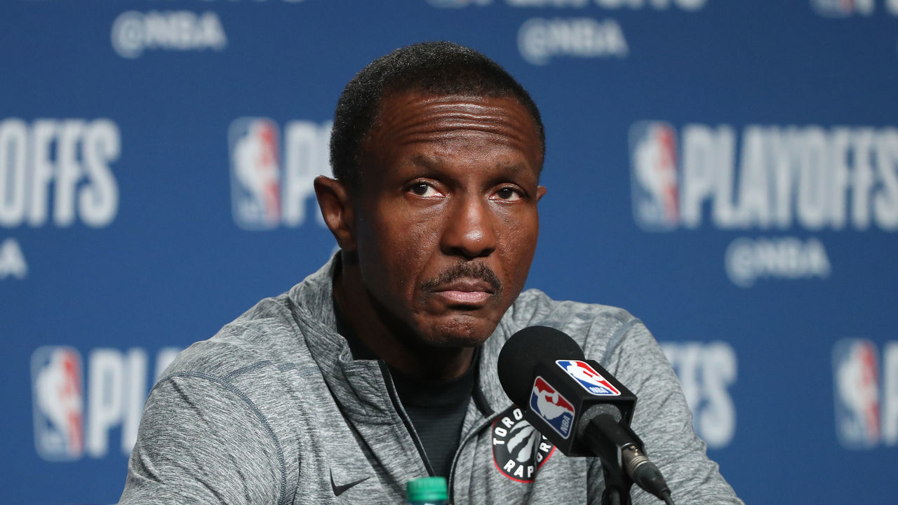 TORONTO, ON - APRIL 14: Head coach Dwane Casey of the Toronto Raptors talks to the media before the start of their game against the Washington Wizards prior to Game One of the first round of the 2018 NBA Playoffs at Air Canada Centre on April 14, 2018 in Toronto, Canada.