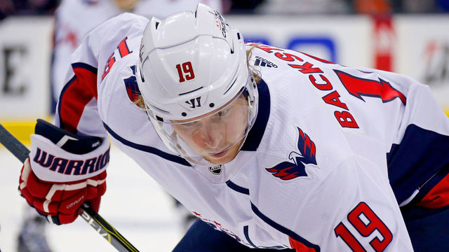COLUMBUS, OH - APRIL 17: Nicklas Backstrom #19 of the Washington Capitals lines up for a face-off in Game Three of the Eastern Conference First Round during the 2018 NHL Stanley Cup Playoffs against the Columbus Blue Jackets on April 17, 2018 at Nationwide Arena in Columbus, Ohio. *** Local Caption *** Nicklas Backstrom
