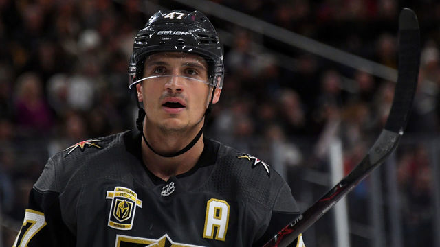 LAS VEGAS, NV - FEBRUARY 21: Luca Sbisa #47 of the Vegas Golden Knights takes a break during a stop in play in the first period of a game against the Calgary Flames at T-Mobile Arena on February 21, 2018 in Las Vegas, Nevada. The Golden Knights won 7-3.