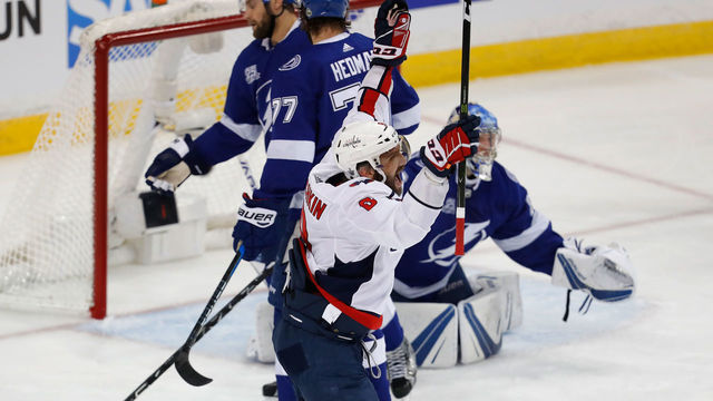 TAMPA, FL - MAY 11: Alex Ovechkin #8 of the Washington Capitals celebrates a goal scored by teammate Michal Kempny #6 against Andrei Vasilevskiy #88 of the Tampa Bay Lightning during the first period in Game One of the Eastern Conference Finals during the 2018 NHL Stanley Cup Playoffs at Amalie Arena on May 11, 2018 in Tampa, Florida.