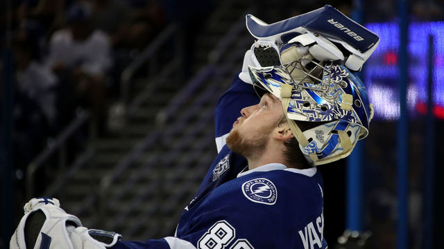TAMPA, FL - MAY 11: Andrei Vasilevskiy #88 of the Tampa Bay Lightning reacts against the Washington Capitals during the first period in Game One of the Eastern Conference Finals during the 2018 NHL Stanley Cup Playoffs at Amalie Arena on May 11, 2018 in Tampa, Florida.