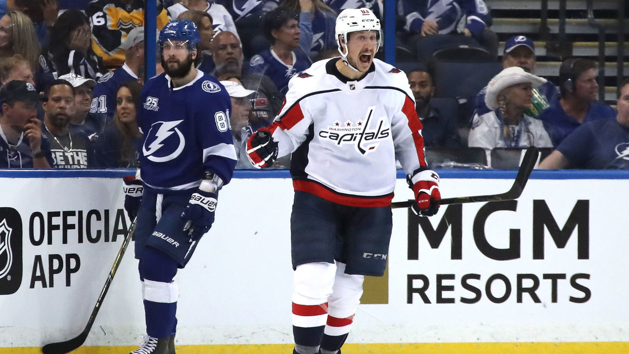 TAMPA, FL - MAY 11: Jay Beagle #83 of the Washington Capitals celebrates after scoring a goal against Andrei Vasilevskiy #88 of the Tampa Bay Lightning during the second period in Game One of the Eastern Conference Finals during the 2018 NHL Stanley Cup Playoffs at Amalie Arena on May 11, 2018 in Tampa, Florida.