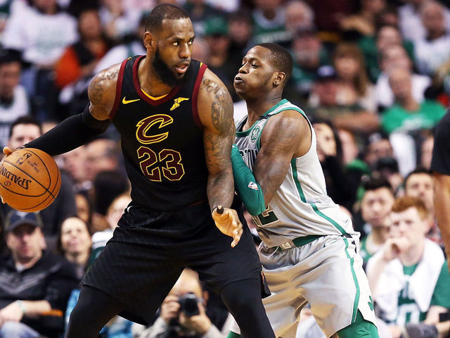 BOSTON, MA - FEBRUARY 11: Lebron James #23 of the Cleveland Cavaliers is guarded by Terry Rozier #12 of teh Boston Celtics in the second half during a game against the Boston Celtics at TD Garden on February 11, 2018 in Boston, Massachusetts.