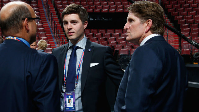SUNRISE, FL - JUNE 26: Kyle Dubas and Mike Babcock of the Toronto Maple Leafs attend the 2015 NHL Draft at BB&T Center on June 26, 2015 in Sunrise, Florida.